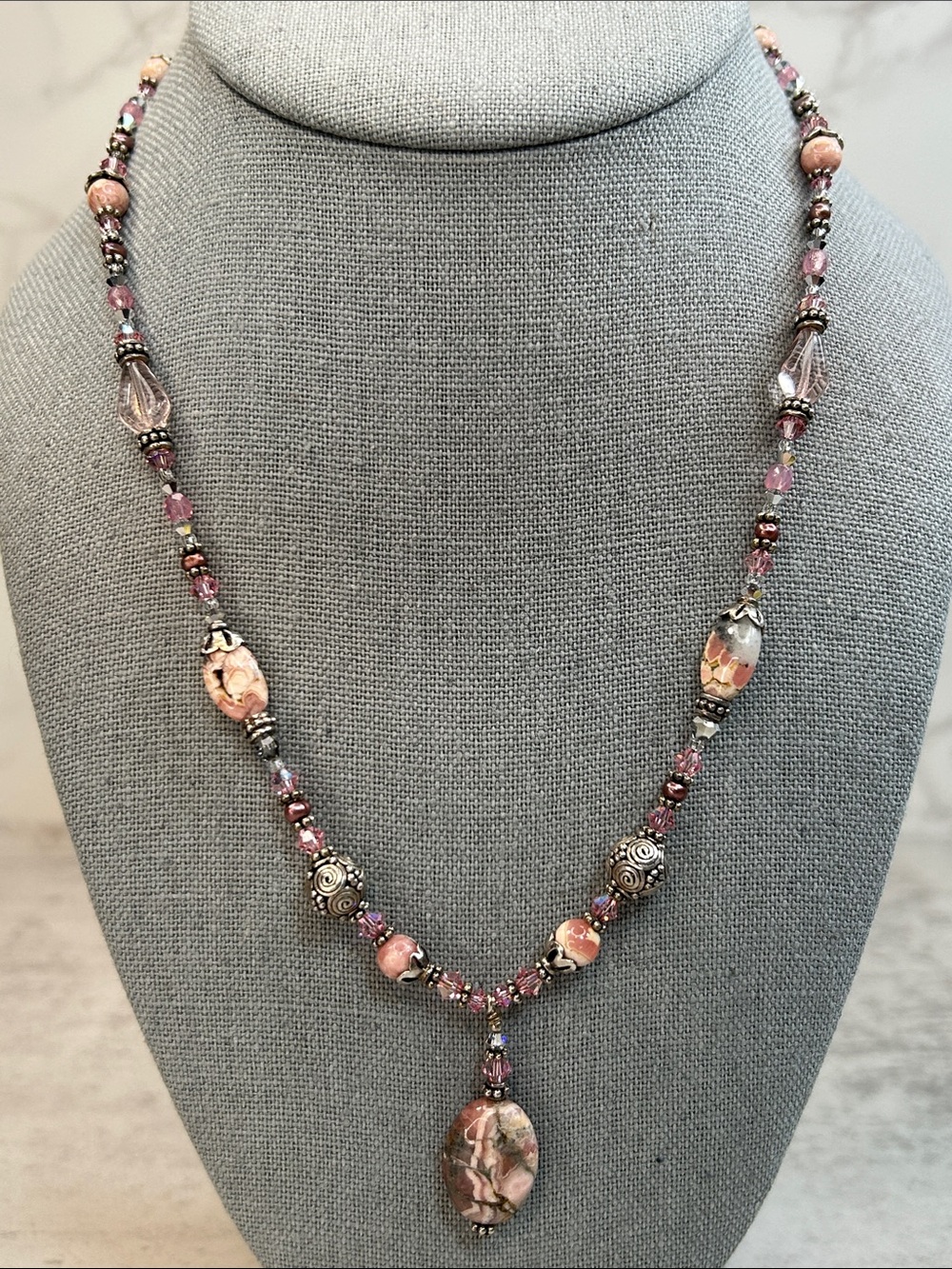 Charming Rhodonite Stone & Pink Crystsl Beaded 925 Sterling Silver Necklace - Picture 3 of 11